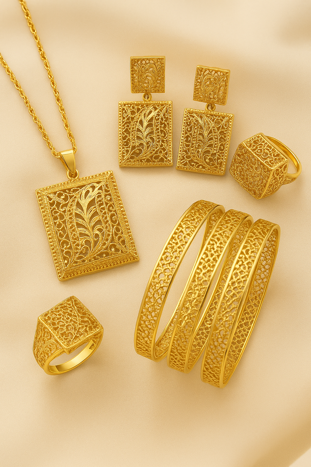 Parure Carrée Dorée Filigranée – Zirconium & Acier Inoxydable 18K