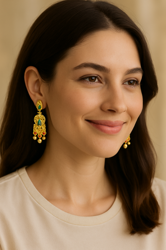 Boucles d’Oreilles BIKENZI Andalouse – Finition Dorée & Émeraude
