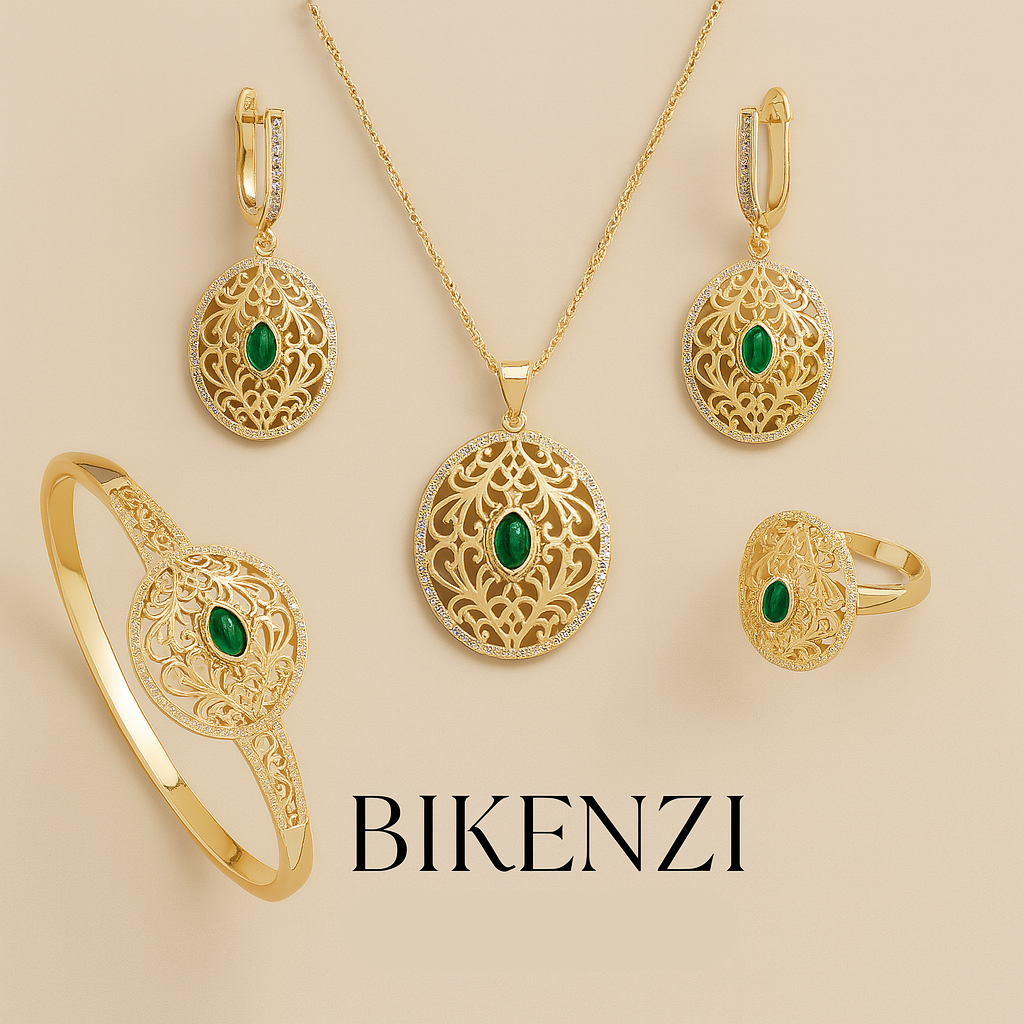 Parure BIKENZI Émeraude Orientale – Collier, Boucles, Bague & Bracelet